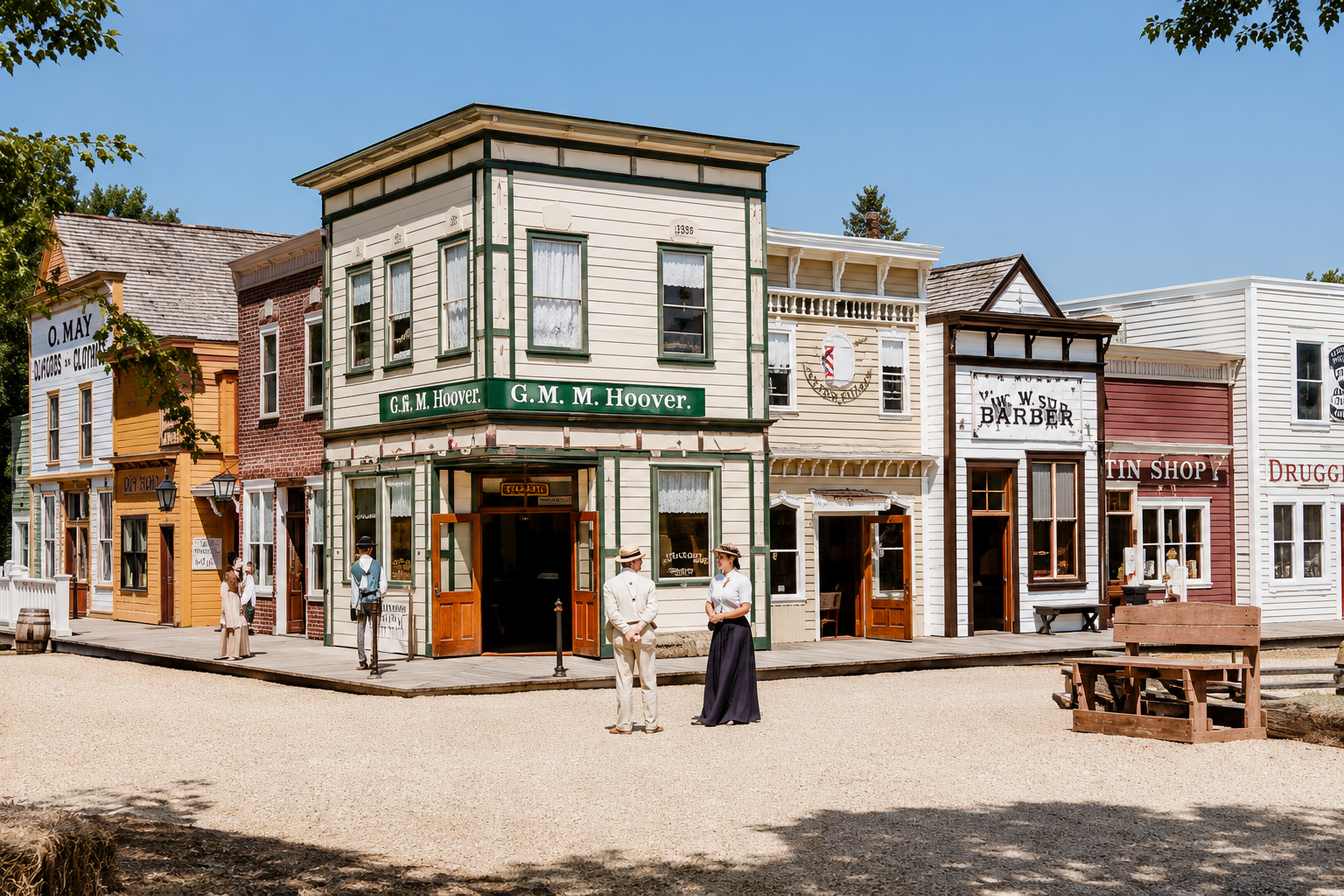 Historic storefronts and costumed interpreters at RJ Haney Heritage Village